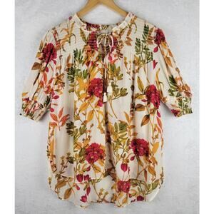 XL Cottagecore Peasant Top 3/4 Sleeve Smock Tassle Tie Colorful Floral Casual